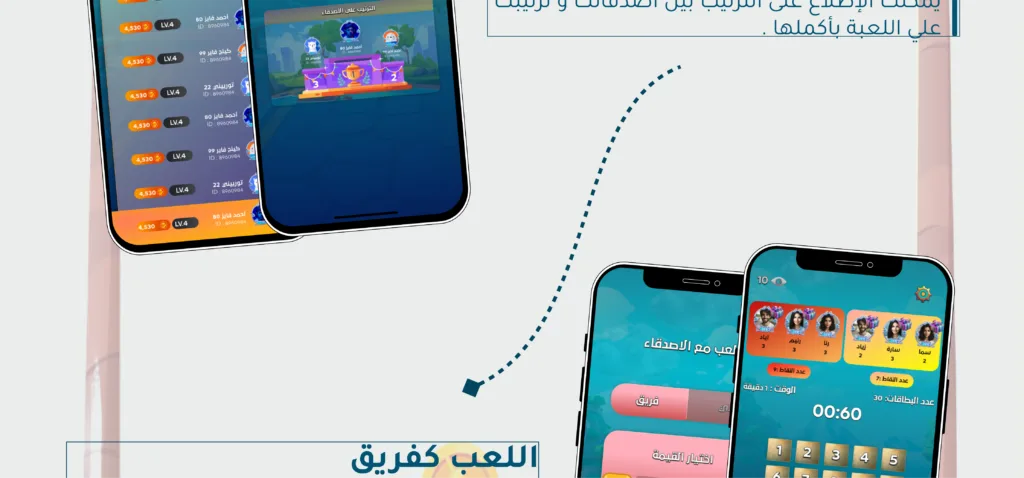 شاشة تطبيق تعرض خاصية "اللعب كفريق" داخل لعبة، مع واجهة المستخدم التي تظهر اختيار الفريق، اختيار القيمة، وحساب النقاط. التصميم يعرض هاتفين محمولين يعرضان تفاصيل اللعبة الجماعية في تطبيق الفُخ.