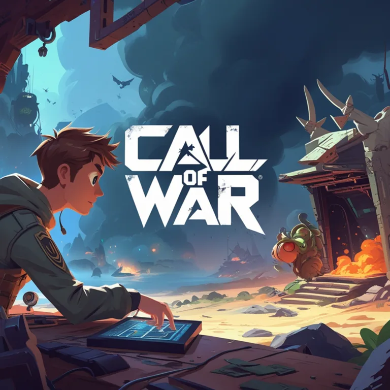 شاب يجلس أمام جهاز تحكم بشاشة تعمل باللمس في بيئة ما بعد نهاية العالم أو حرب، مع شعار لعبة "CALL OF WAR" في المنتصف، وخلفية لسماء عاصفة ومبانٍ مدمرة.