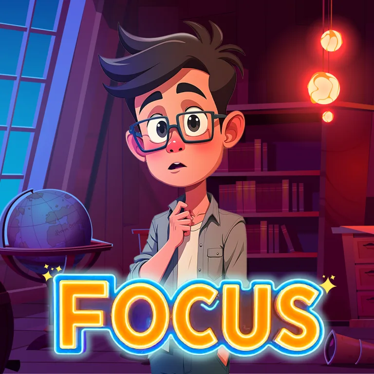 فتى شاب يرتدي نظّارة واقف في زاوية مكتبة مظلمة، تبدو عليه علامات الحيرة والتفكير، وخلفه رفوف كتب ومجسّم كرة أرضية، بينما يضيء أمامه شعار كبير مكتوب عليه “FOCUS” بألوان نيون زاهية.