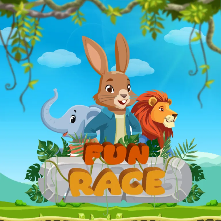 شعار لعبة "Fun Race" يظهر أرنبًا أسدًا وفيلًا كرتونيين يقفون خلف لافتة حجرية عليها عنوان اللعبة، محاطين بأوراق الشجر والأغصان في بيئة غابة مشمسة.