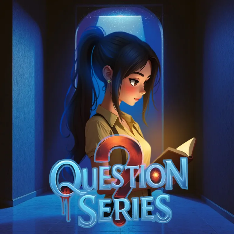 فتاة شابة بشعر طويل مربوط بذيل حصان تقرأ كتابًا في ممر مظلم مضاء بضوء هادئ من نافذة خلفها، مع شعار كبير مكتوب عليه "Question Series" بأسلوب خط مزخرف وألوان باردة.