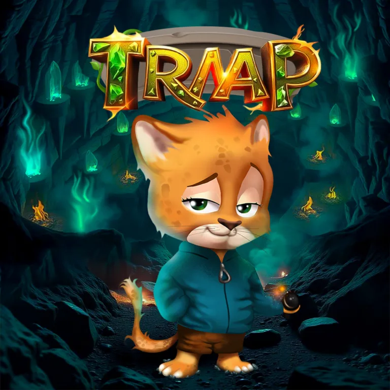 شخصية كرتونية على شكل قط برتقالي يرتدي سترة زرقاء، يحمل مصباحاً، ويقف في كهف مظلم مضاء ببلورات خضراء متوهجة ولهيب صغير، وكلمة "TRAP" الذهبية تطفو في الأعلى.