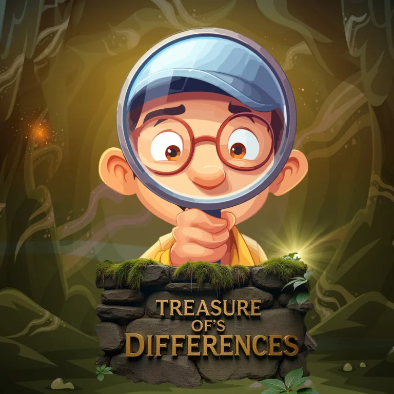 شخصية كرتونية لشاب يرتدي قبعة زرقاء ونظارات كبيرة، ينظر من خلال عدسة مكبرة إلى الأمام، مع خلفية غامضة وألوان دافئة تحيط به، وأسفل الشخصية لوحة حجرية مزينة بالأعشاب عليها عنوان اللعبة "Treasure Of's Differences" مكتوب بحروف ذهبية.