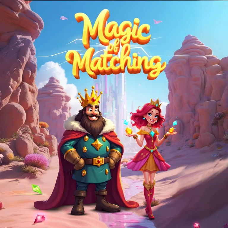 ملك وملكة في عالم سحري يقفان أمام قصر بلوري، يحملان جواهر متلألئة، تحت عنوان اللعبة "Magic of Matching".