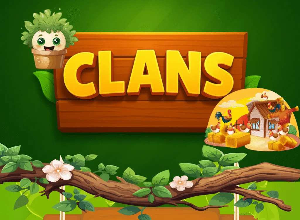 شاشة ترحيبية بتصميم كرتوني ملون لكلمة "CLANS" ضمن لعبة زراعية تضم مزرعة دجاج.