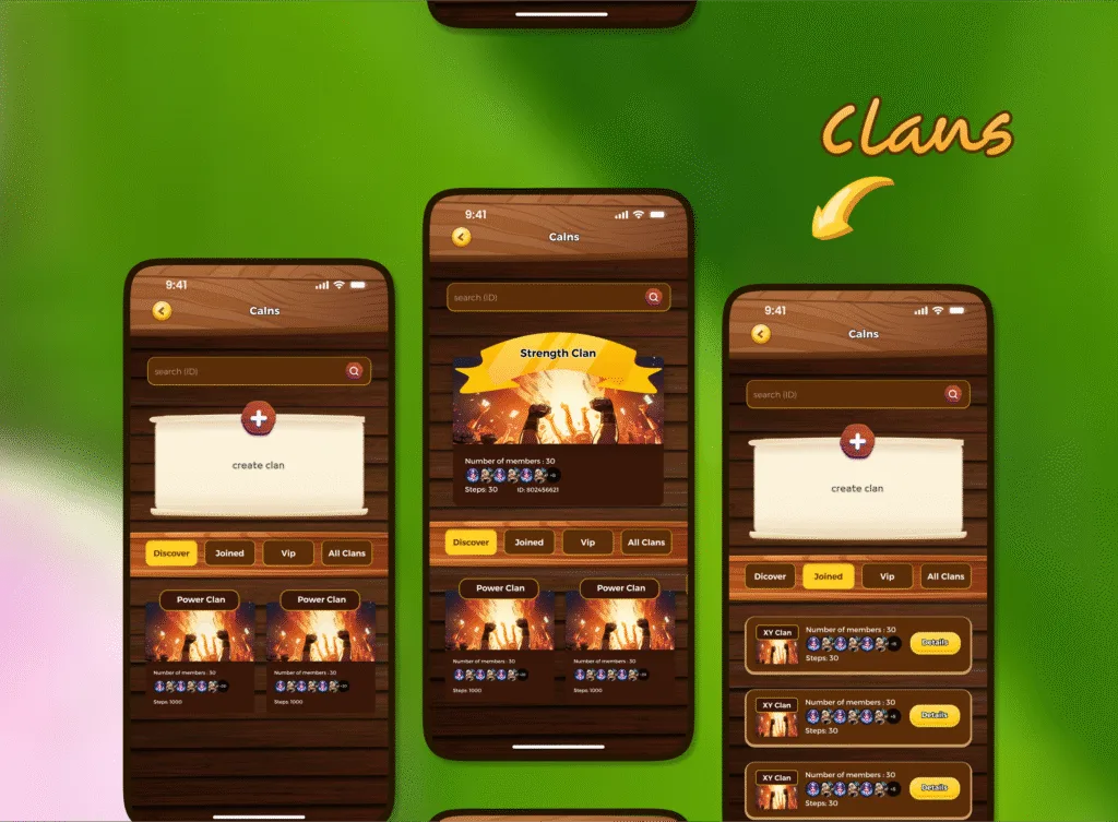 شاشة واجهة العشائر في لعبة Clans مع خيارات إنشاء أو الانضمام إلى عشيرة.