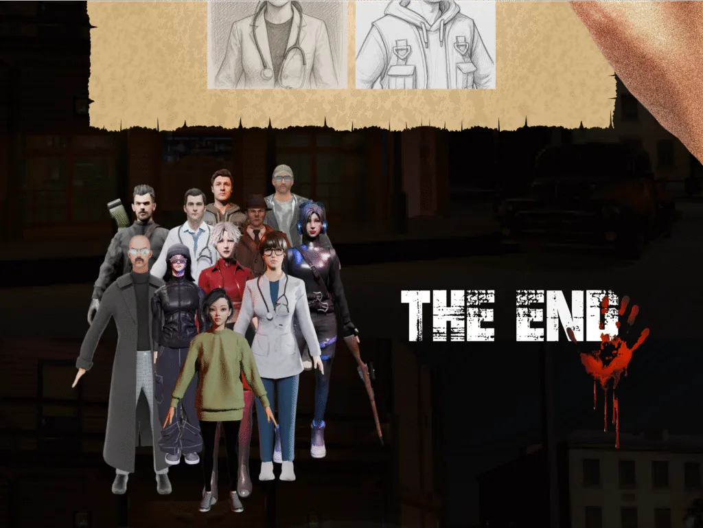 مجموعة من شخصيات لعبة مافيا تقف في مواجهة النهاية مع عبارة "THE END" الدموية، في مشهد يوحي بخاتمة درامية، تحت رسومات شخصيات مرسومة باليد.