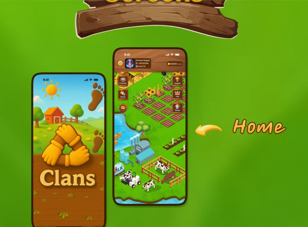 شاشة بداية وواجهة مزرعة افتراضية في لعبة Clans على الهاتف.