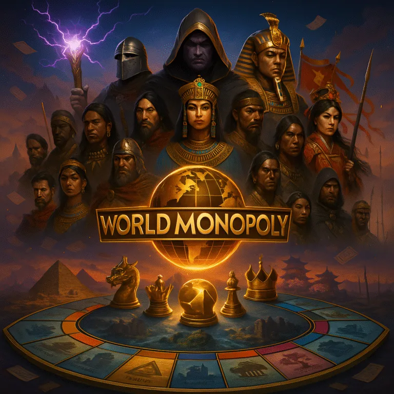 غلاف لعبة احتكار العالم – World Monopoly، يعرض قادة حضارات متنوعة وخريطة لعب مستوحاة من المونوبولي مع عناصر ملكية.