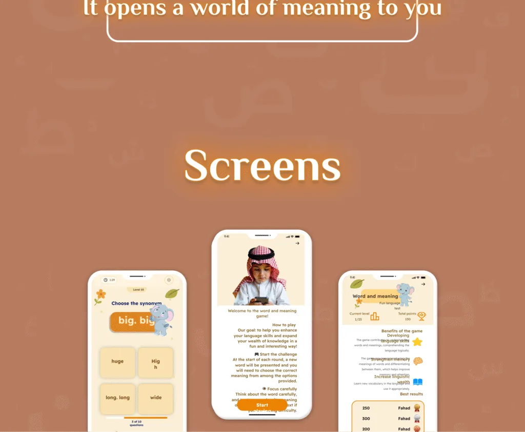 Screenshots from the Word and Meaning Game