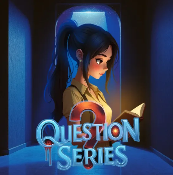 صورة غلاف لعبة “Question Series” فتاة شابة بشعر طويل مربوط بذيل حصان تقرأ كتابًا في ممر مظلم مضاء بضوء هادئ من نافذة خلفها، مع شعار كبير مكتوب عليه "Question Series" بأسلوب خط مزخرف وألوان باردة.